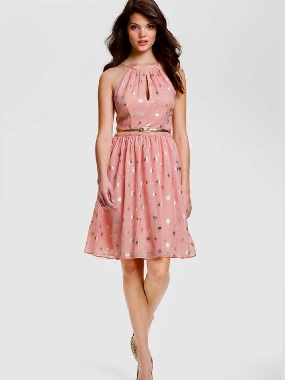 Maggy London Blush & Gold Metallic Dot Fit & Flare Dress Size 6